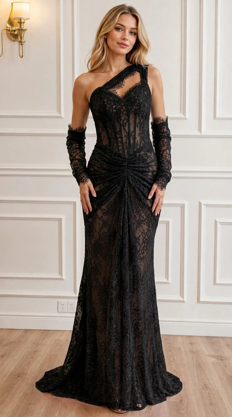 Front view of black one-shoulder lace maxi dress with gloves
