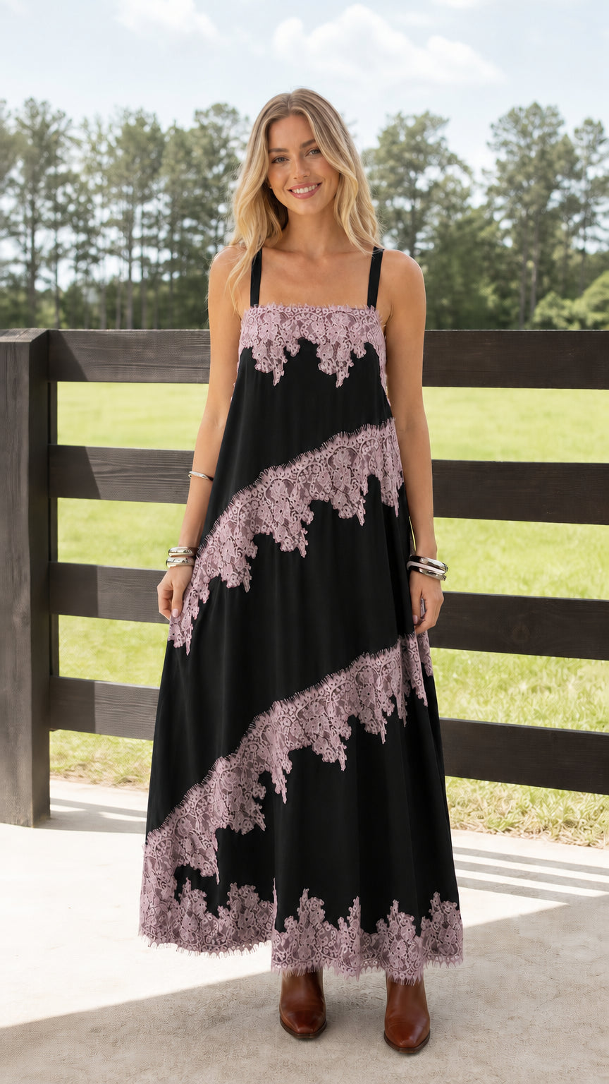 Woman wearing black variant with pink lace trim