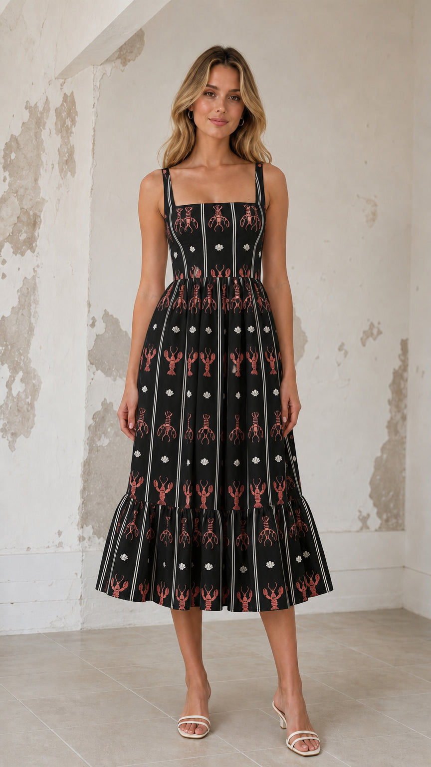Front view of black color variant midi dress