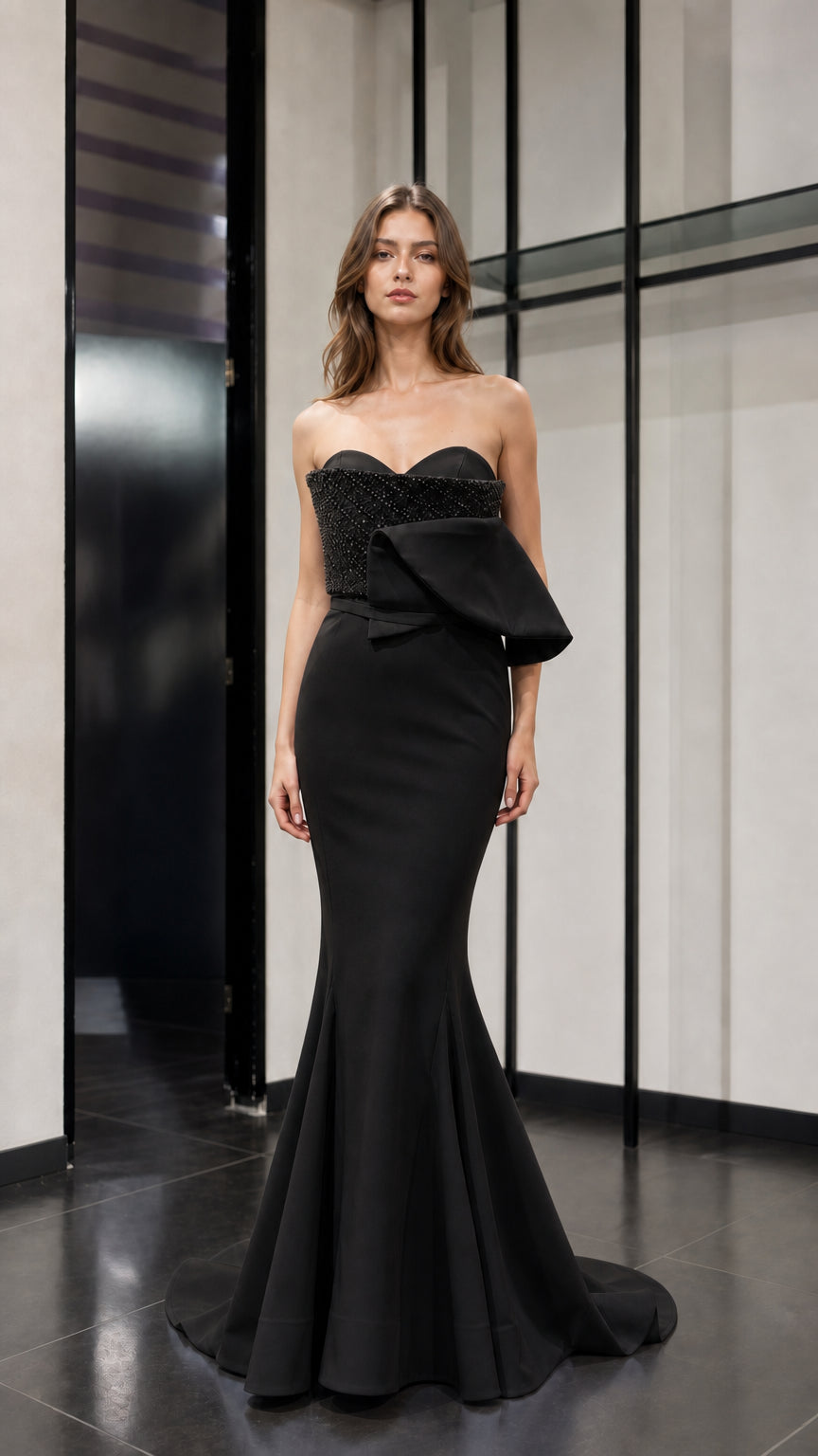 Front view of black evening gown variant