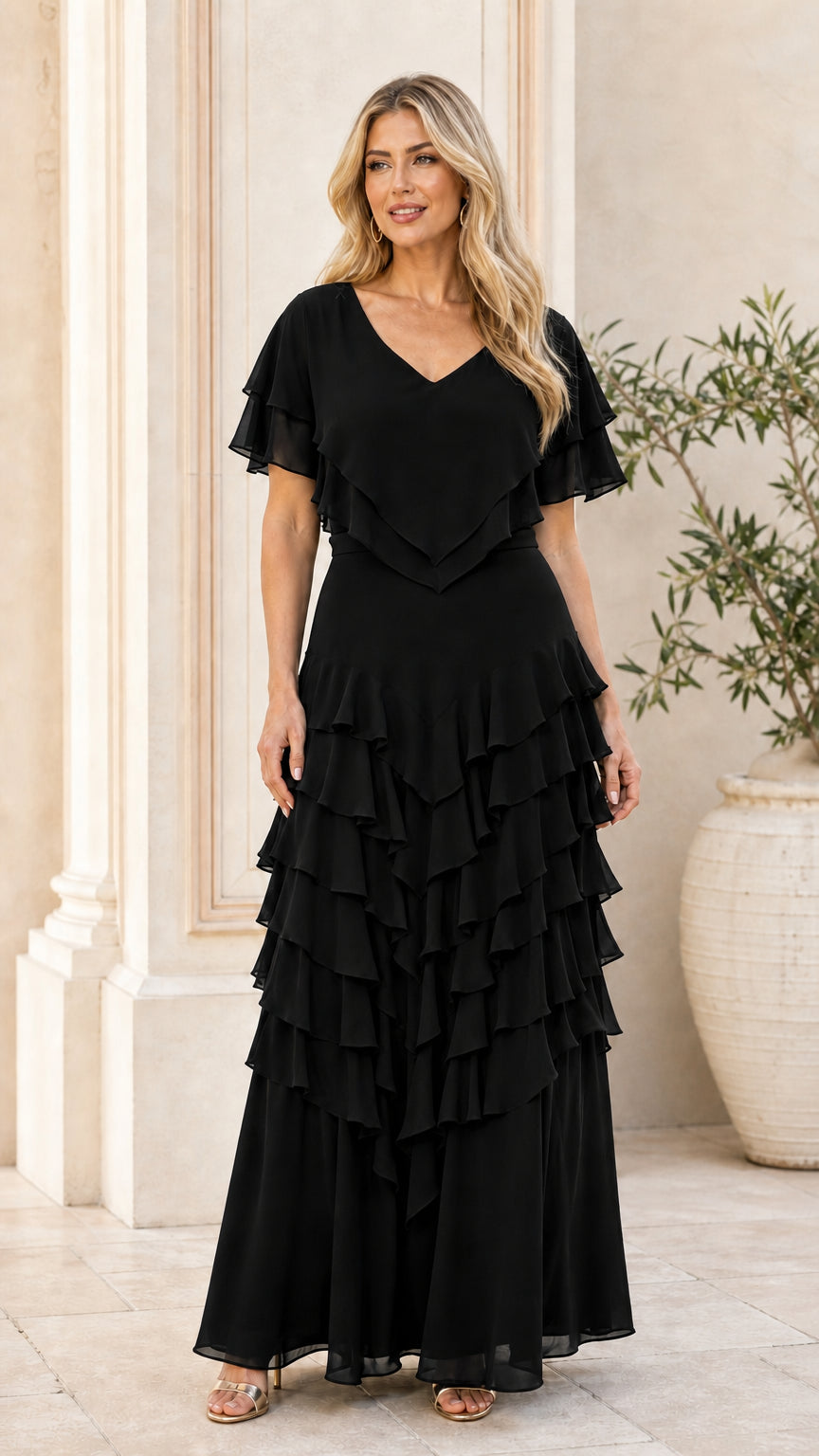 Model wearing black V-neck tiered ruffle maxi dress