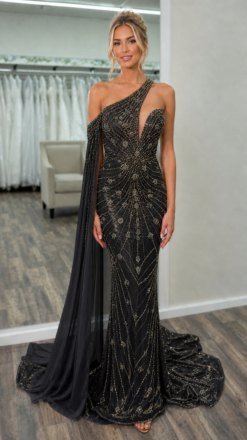 Front view of black beaded evening dress with cape