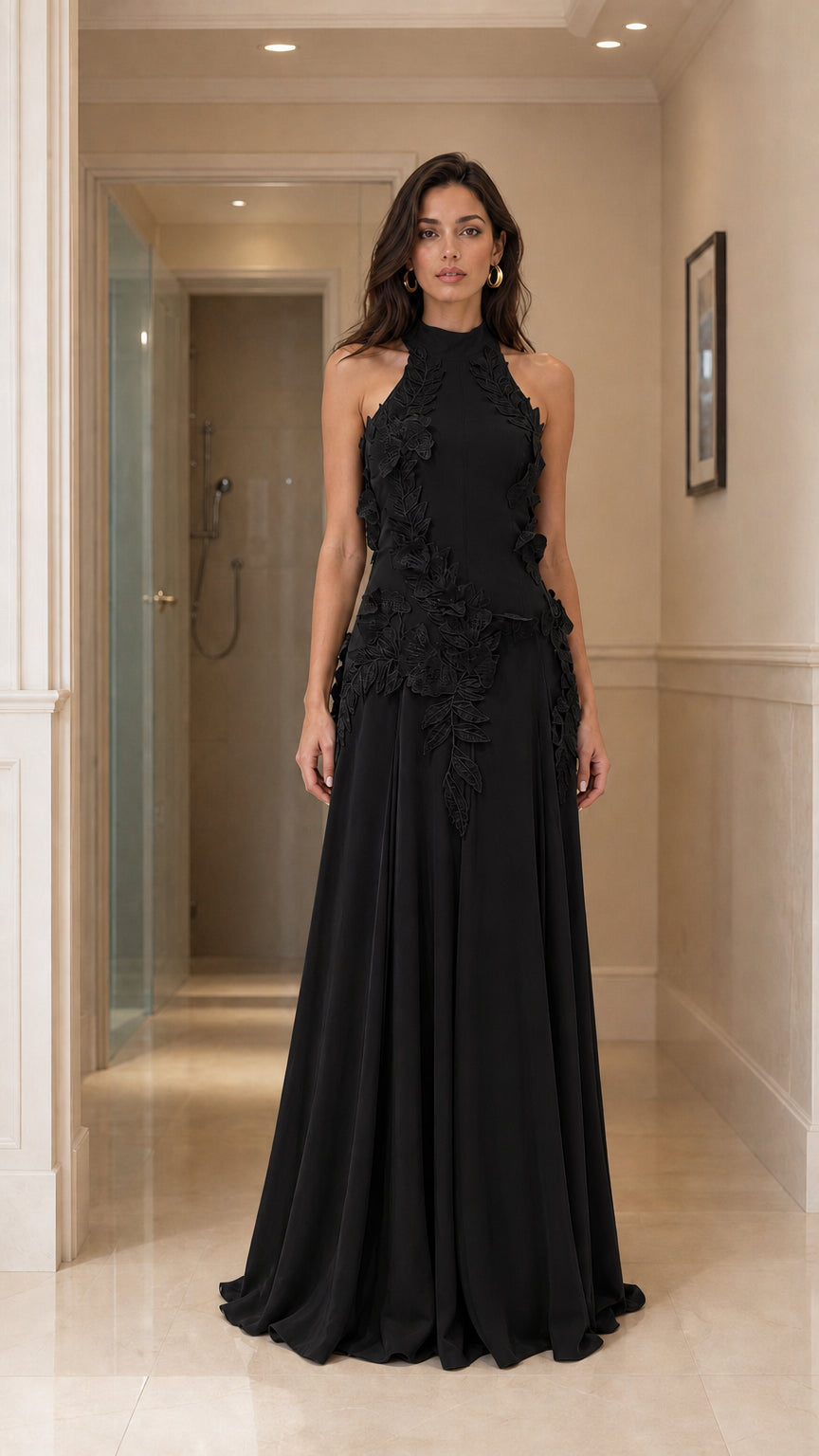 Front view of black halter neck evening gown