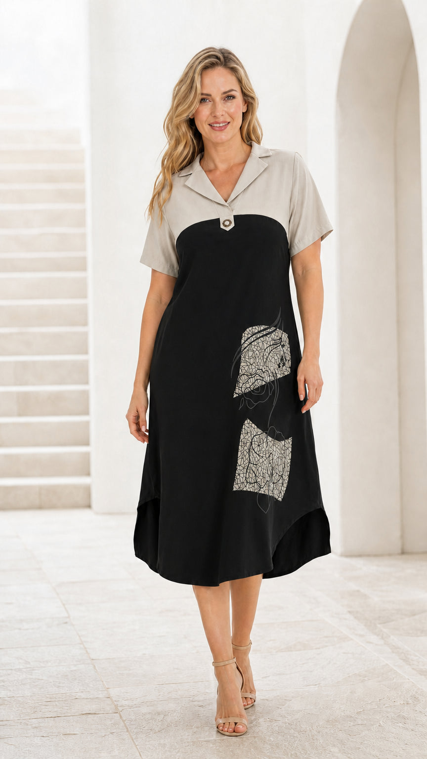 Front view of black color-block midi dress