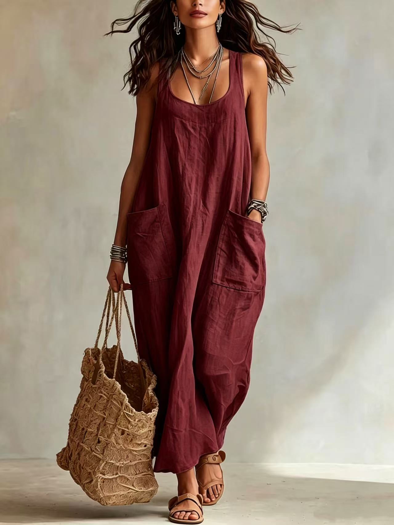 Women's casual sleeveless loose fit maxi jumpsuit in burgundy