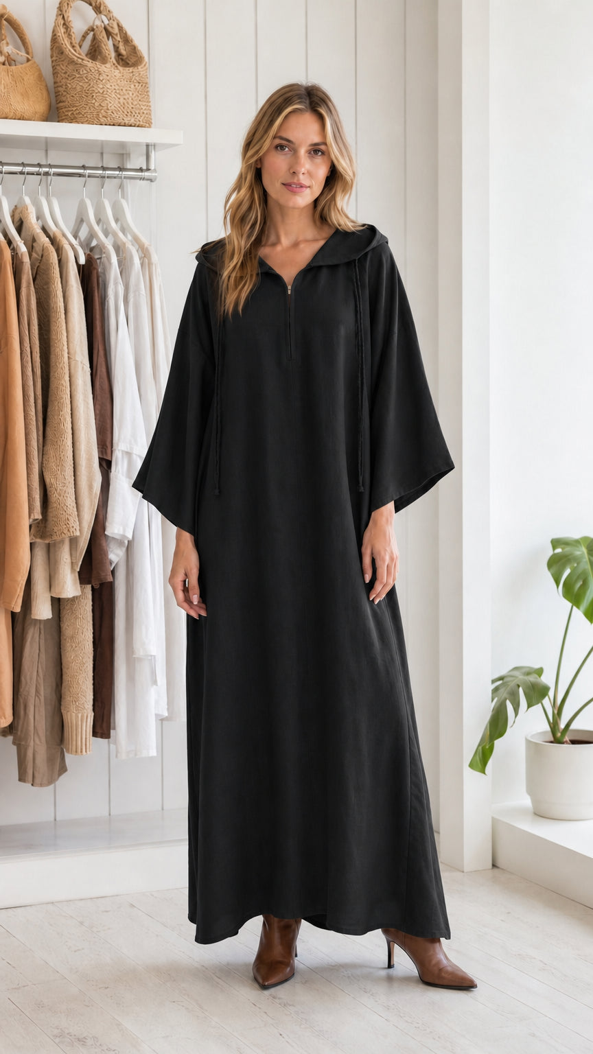 Full view of woman wearing black hooded maxi kaftan