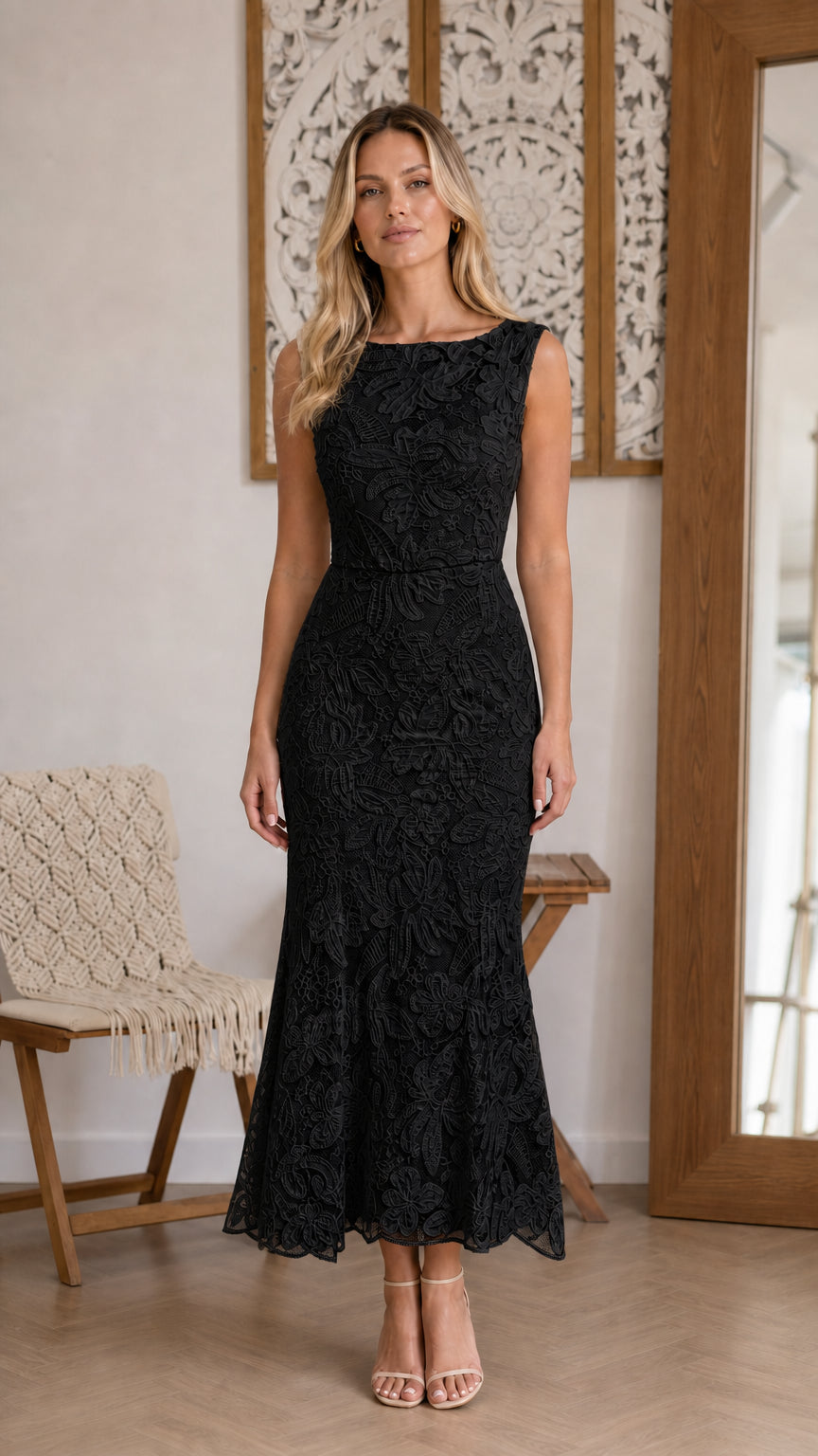 Front view of Black lace midi dress