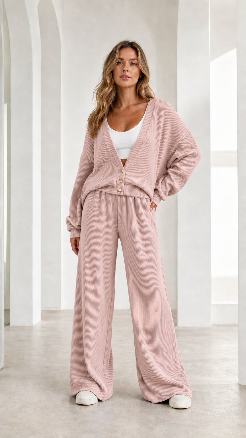 Woman wearing pink ribbed knit lounge set
