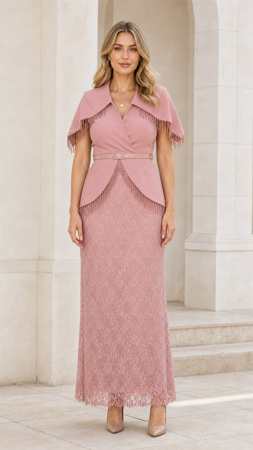 Front view of woman wearing pink cape overlay lace evening dress