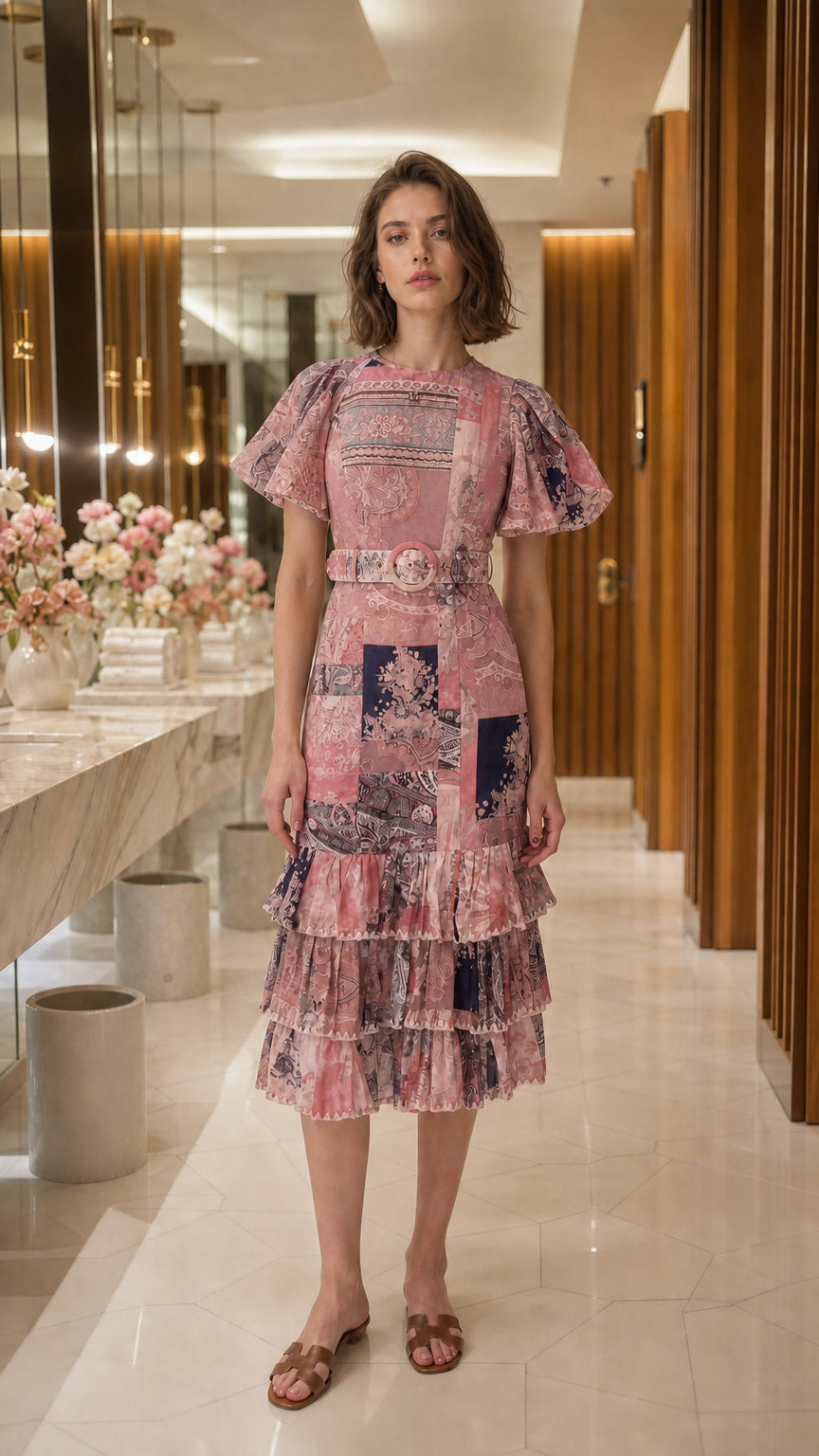 Full view of woman wearing pink patchwork midi dress