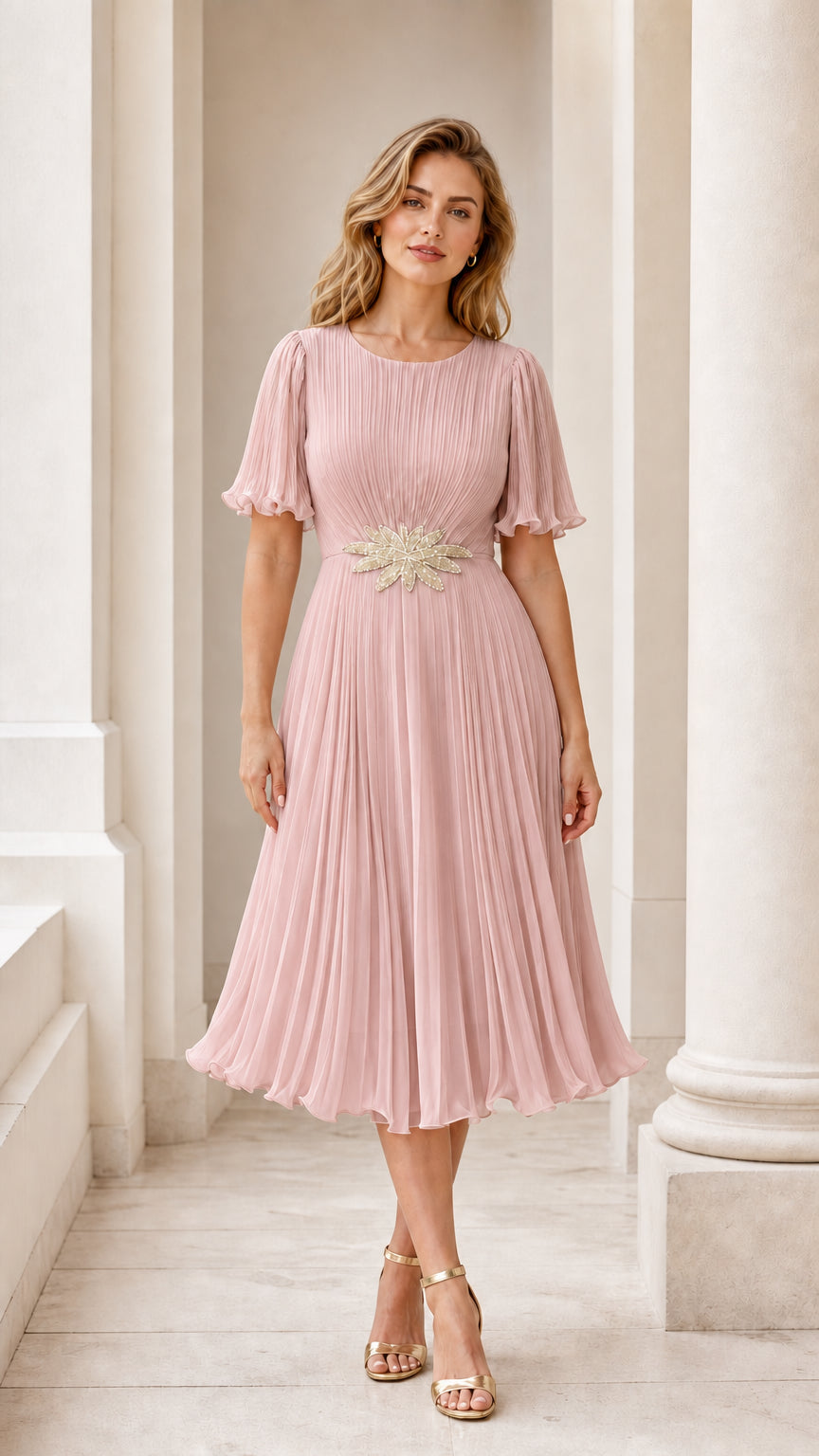 Front view of model wearing the pink pleated midi dress