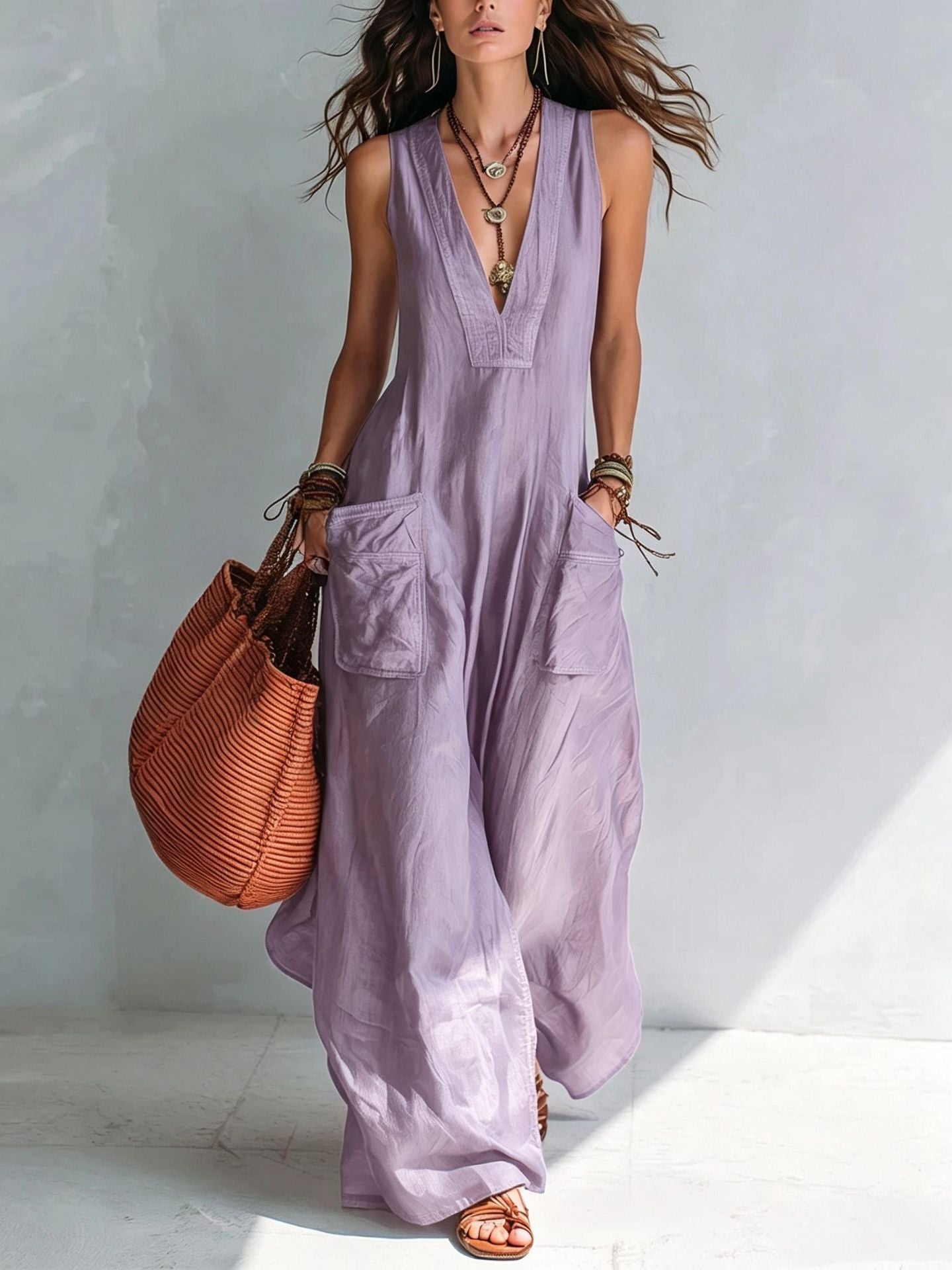Lavender V-Neck Sleeveless Pocket Jumpsuit