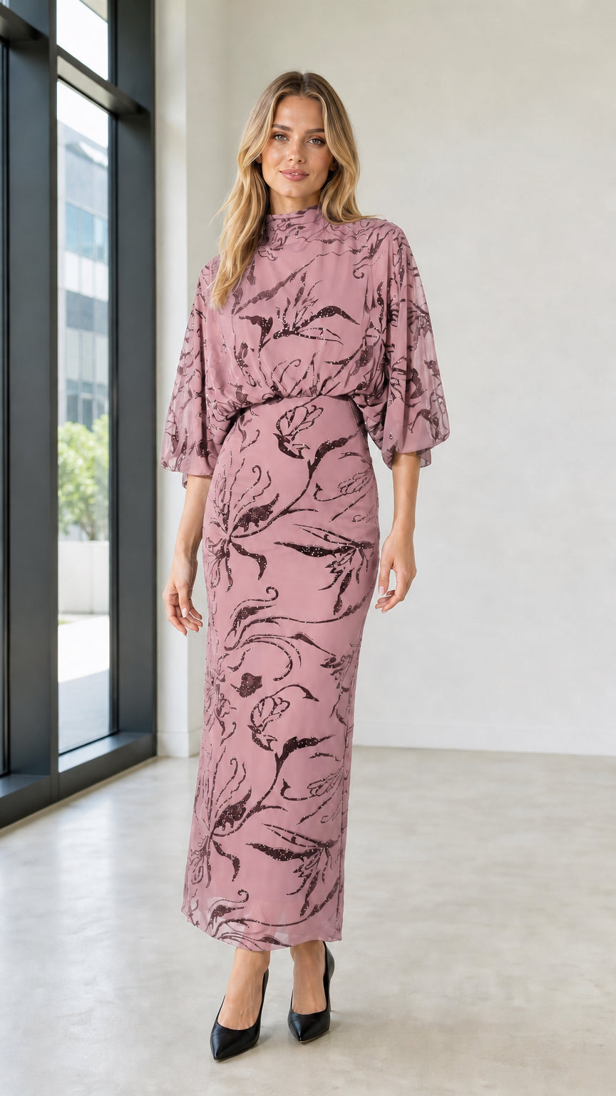 Front view of Dusty Pink mock neck sequin floral maxi dress