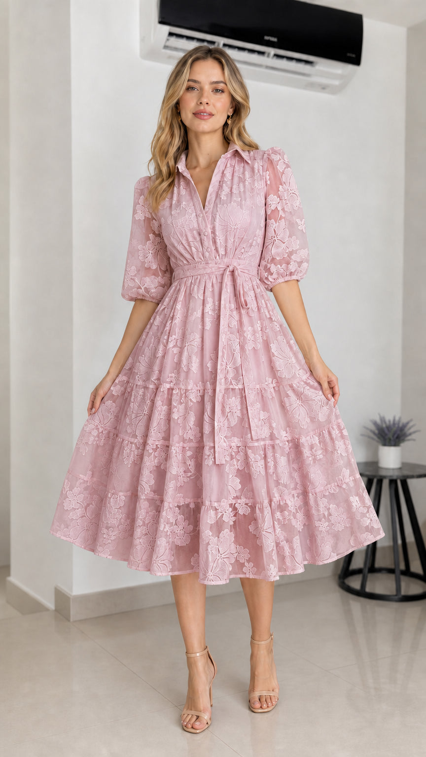 Front view of pink floral embroidered midi dress