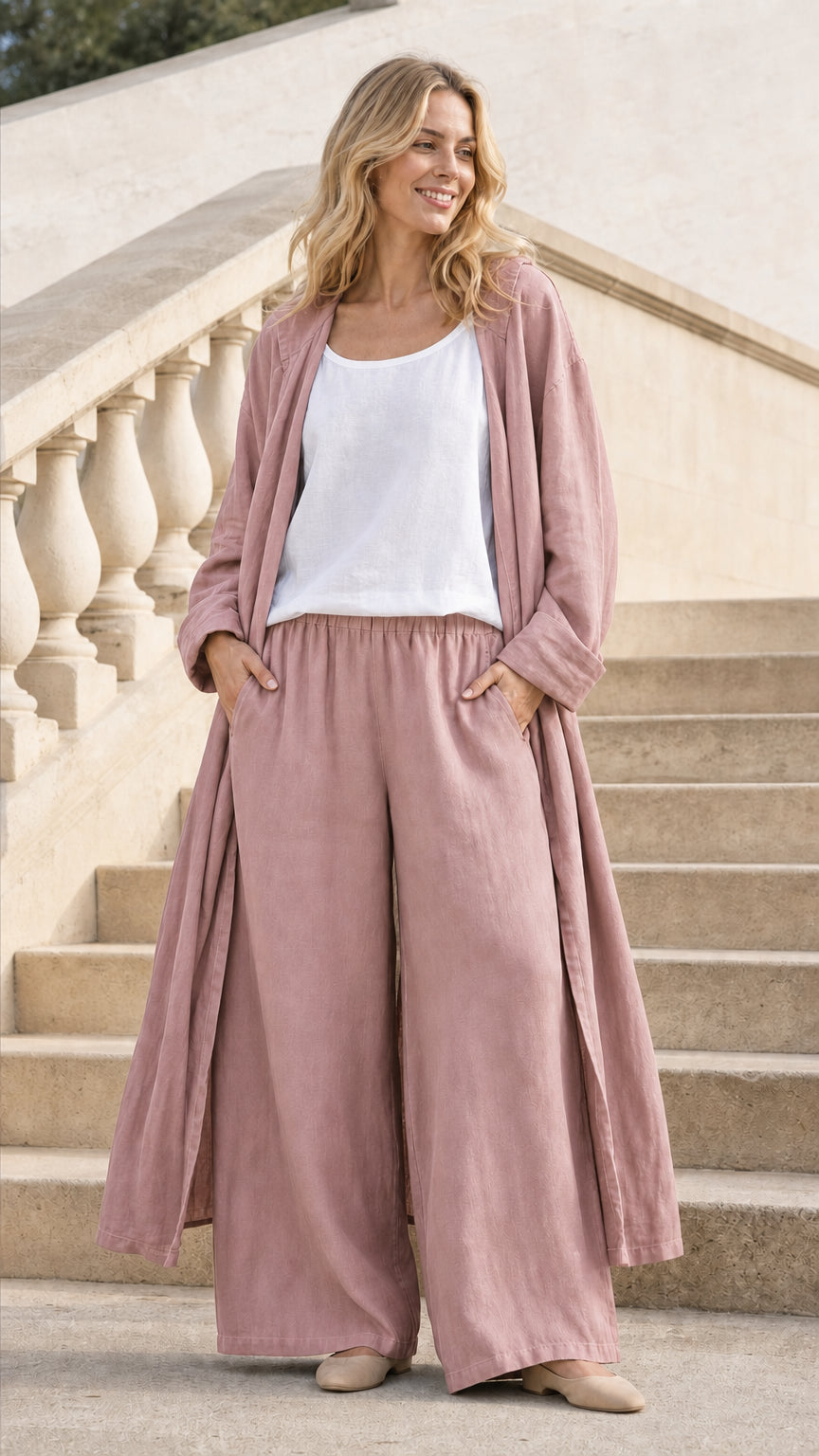 Model wearing Pink hooded long cardigan and wide-leg pants set
