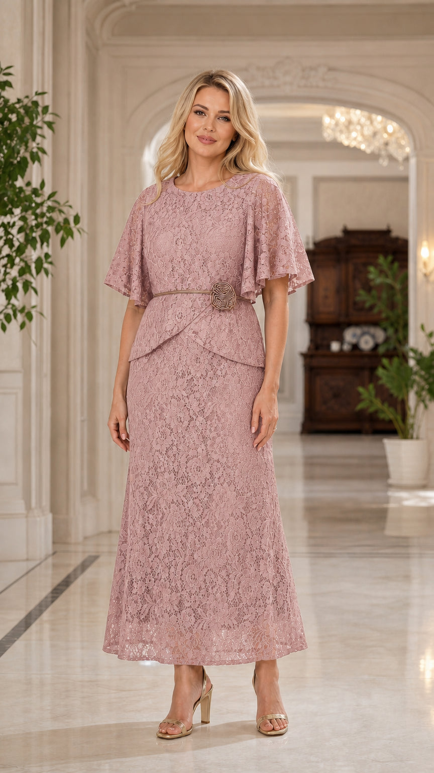 Front view of pink lace overlay maxi dress