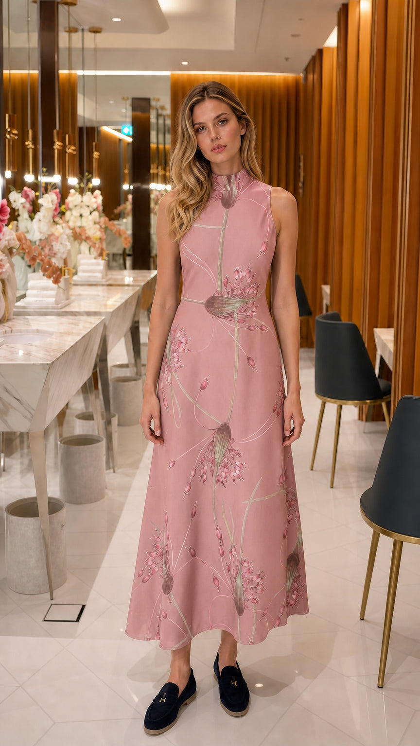 Model wearing pink floral print midi dress