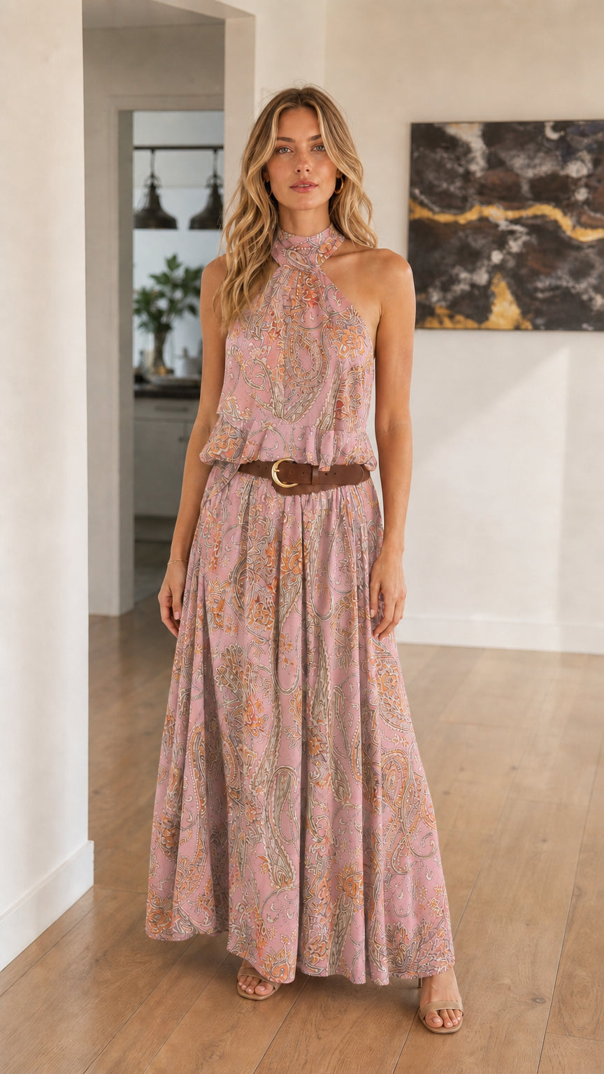 Woman wearing Pink Bohemian Paisley Halter Maxi Dress