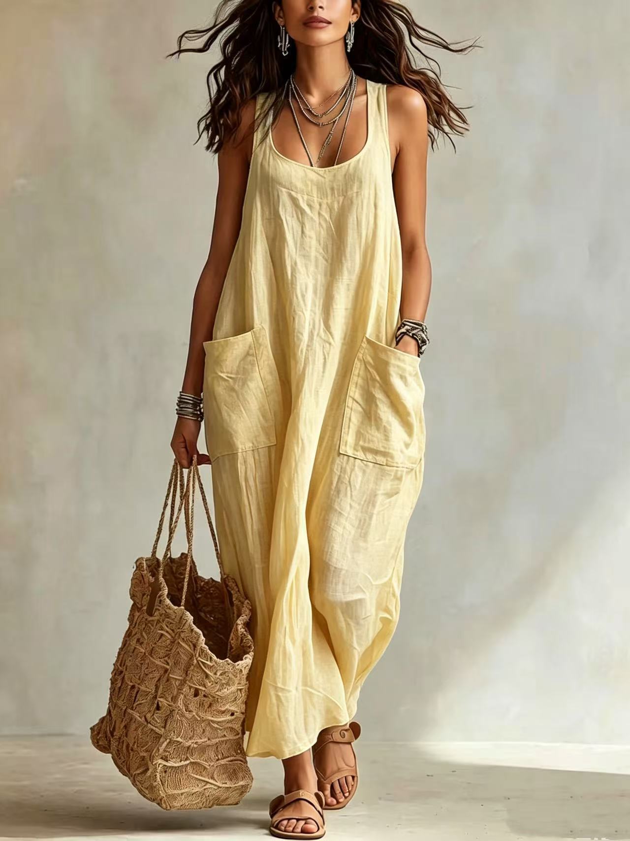 Women's casual sleeveless loose fit maxi jumpsuit in yellow
