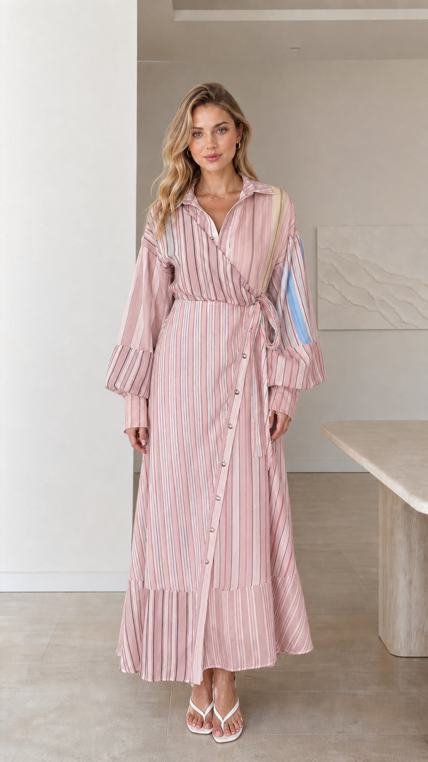 Model wearing pink striped wrap maxi dress
