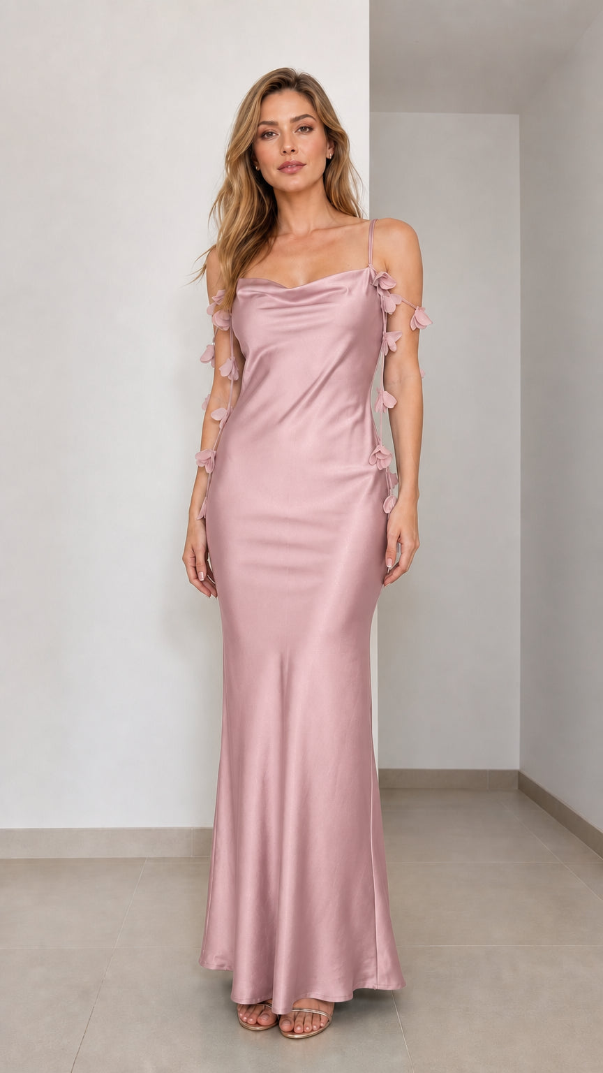 Front view of pink satin maxi dress