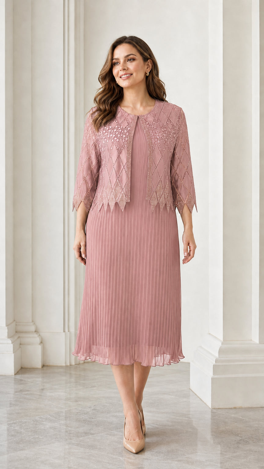 Front full view of dusty pink two-piece dress set