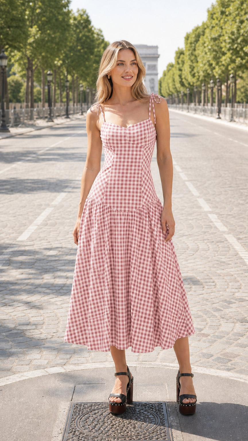 Pink and white gingham midi dress variant on model