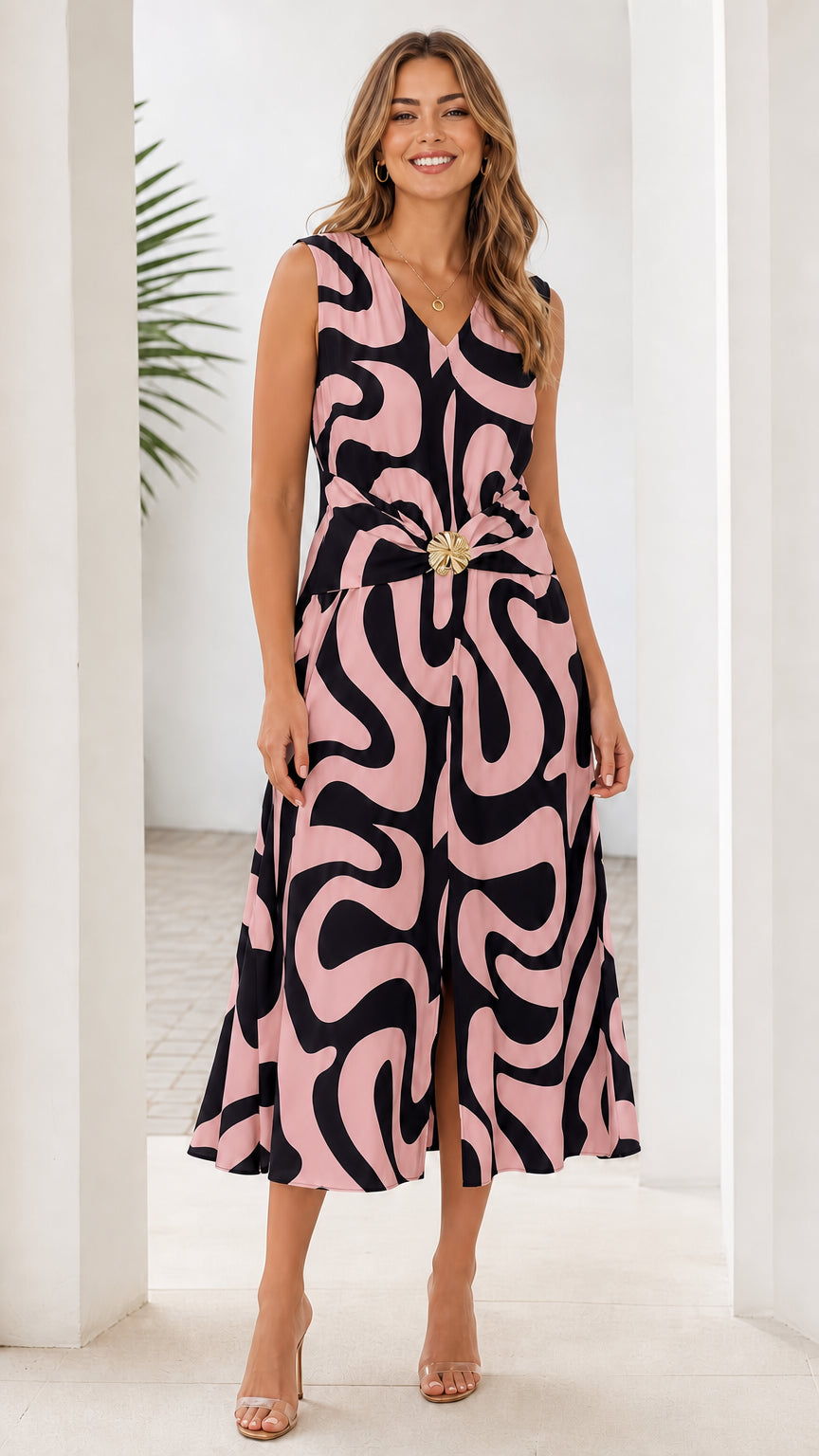 Front view of pink and black abstract print midi dress