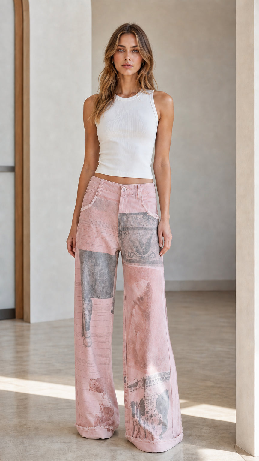 Model wearing pink patchwork wide leg jeans