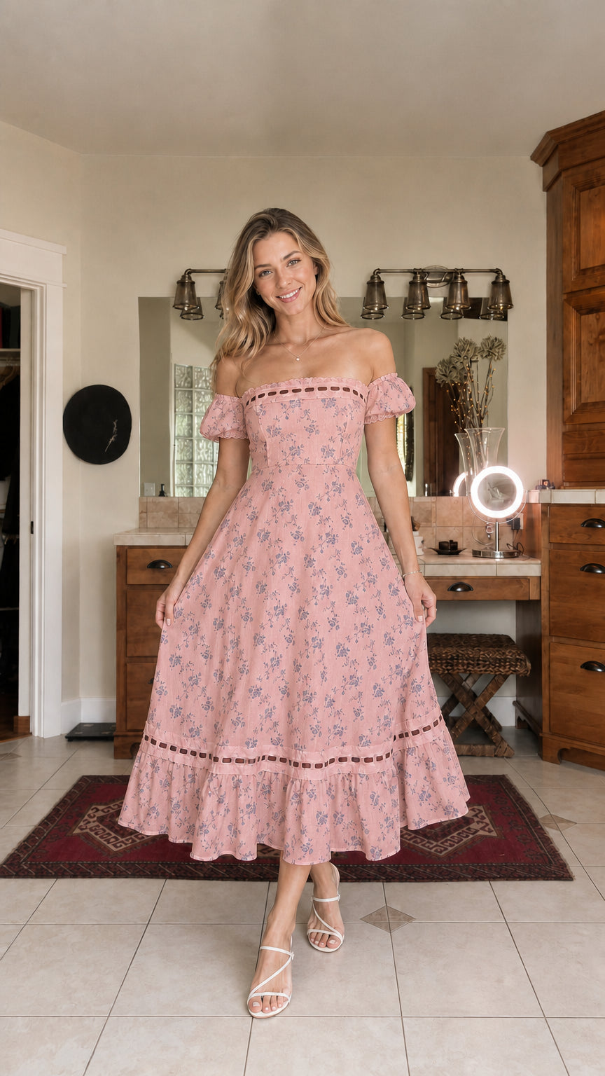 Woman wearing pink floral off-the-shoulder midi dress