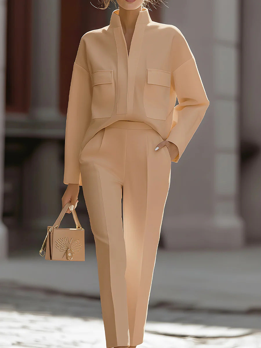 Woman wearing khaki matching set
