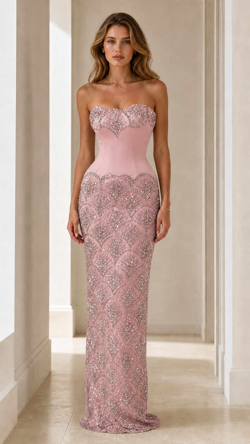 Pink sequin strapless evening gown