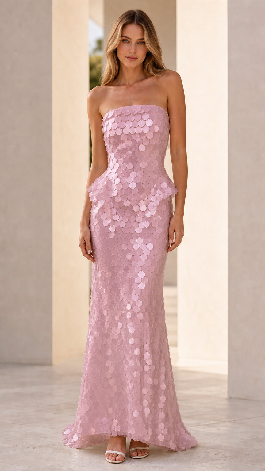 Front view of model wearing pink sequin strapless peplum maxi dress