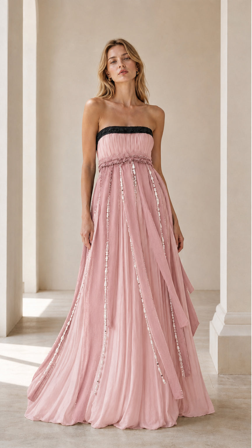 Front view of pink strapless evening gown