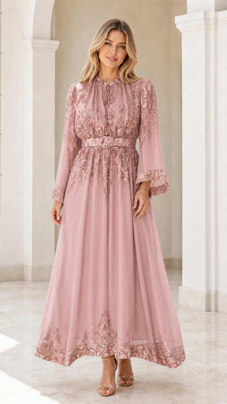 Front view of dusty pink paisley maxi dress