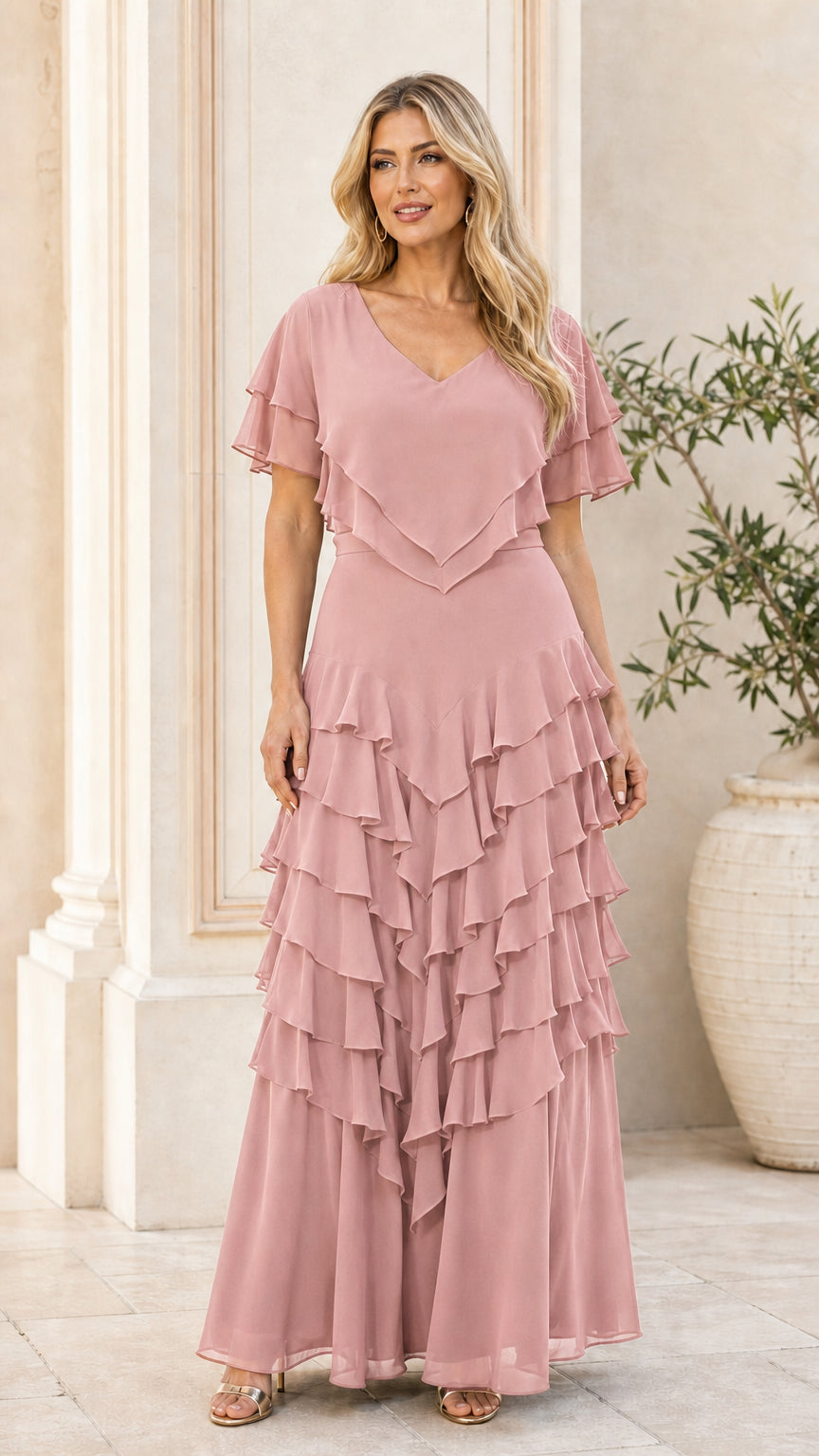 Model wearing dusty rose layered ruffle evening dress