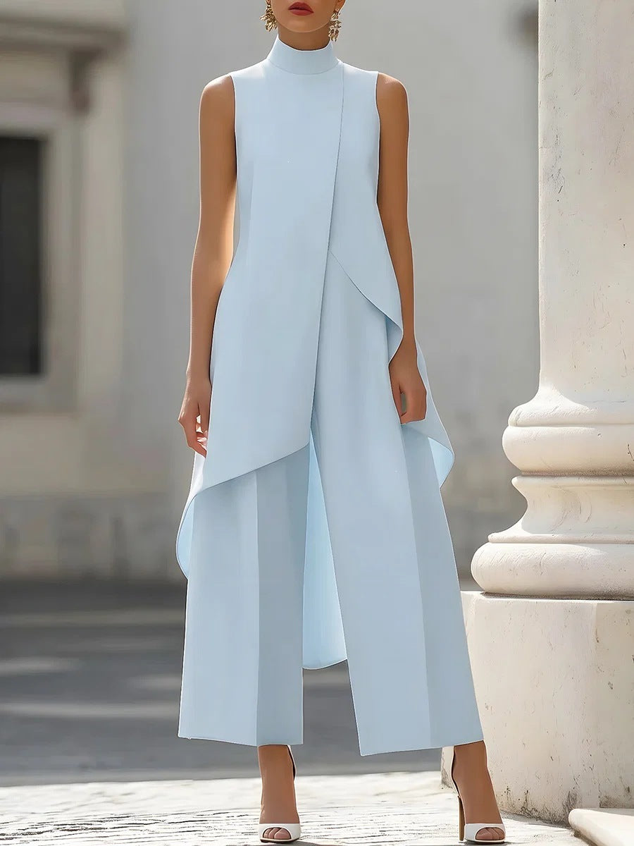 Blue Mock Neck Asymmetrical Tunic and Wide-Leg Pants Set