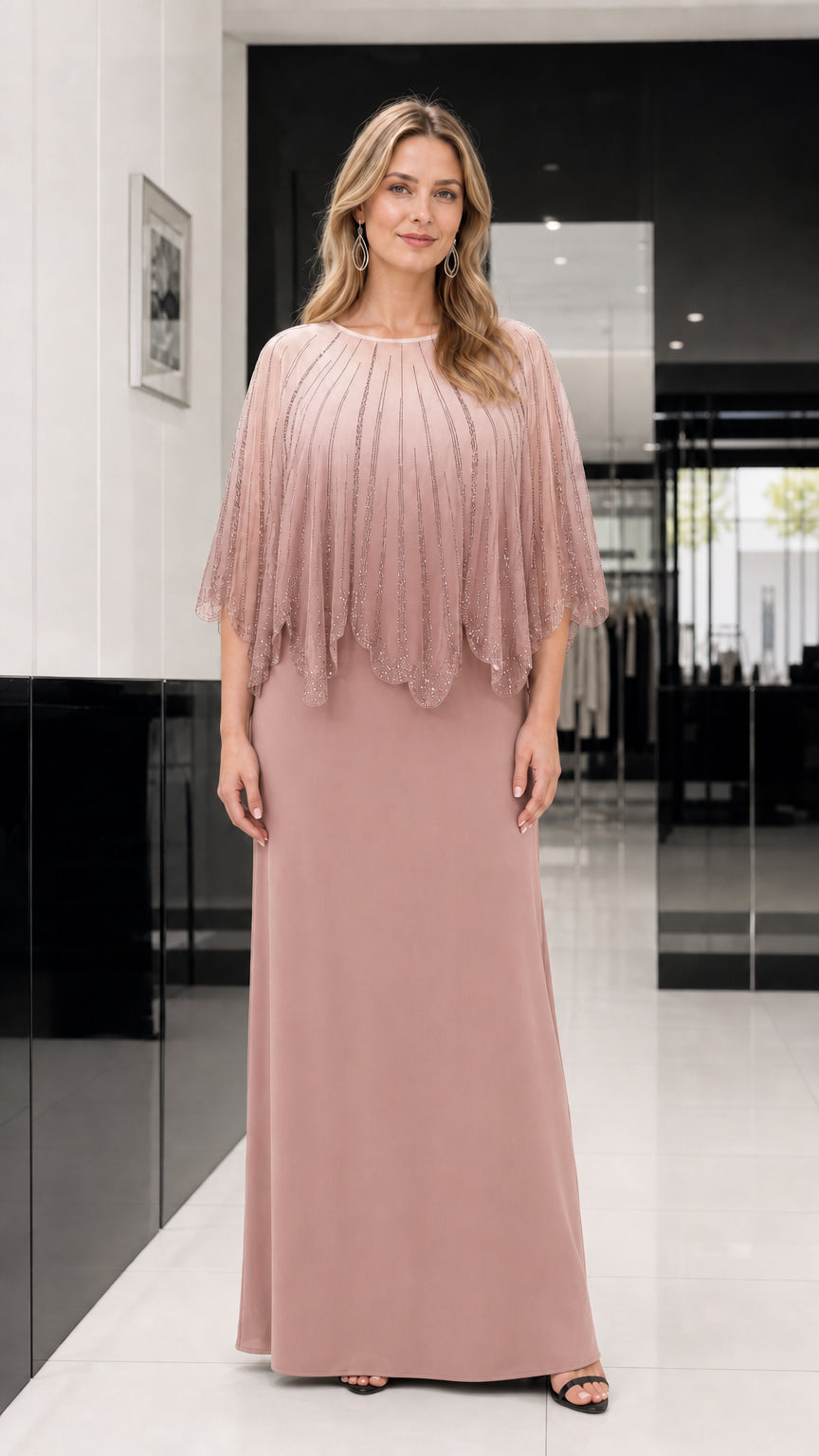 Dusty rose color variant of the capelet evening dress