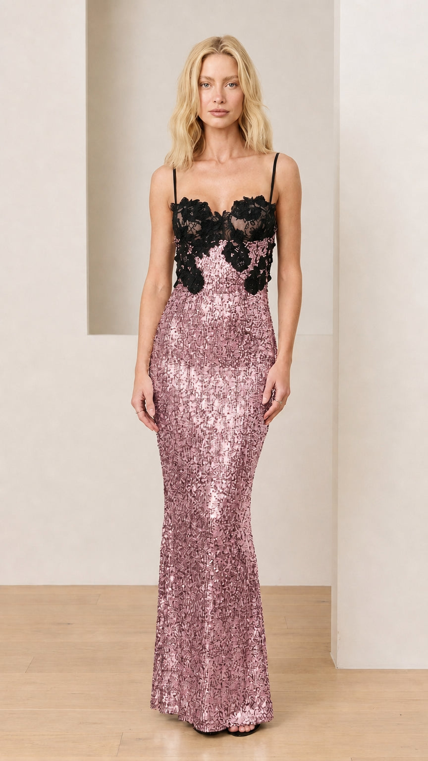 Full view of pink sequin evening gown variant