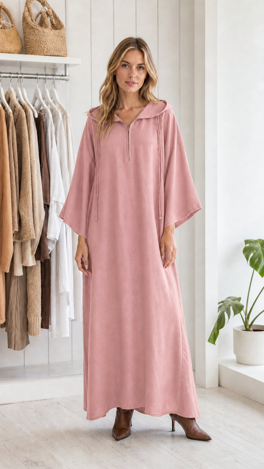 Full view of woman wearing pink hooded maxi kaftan