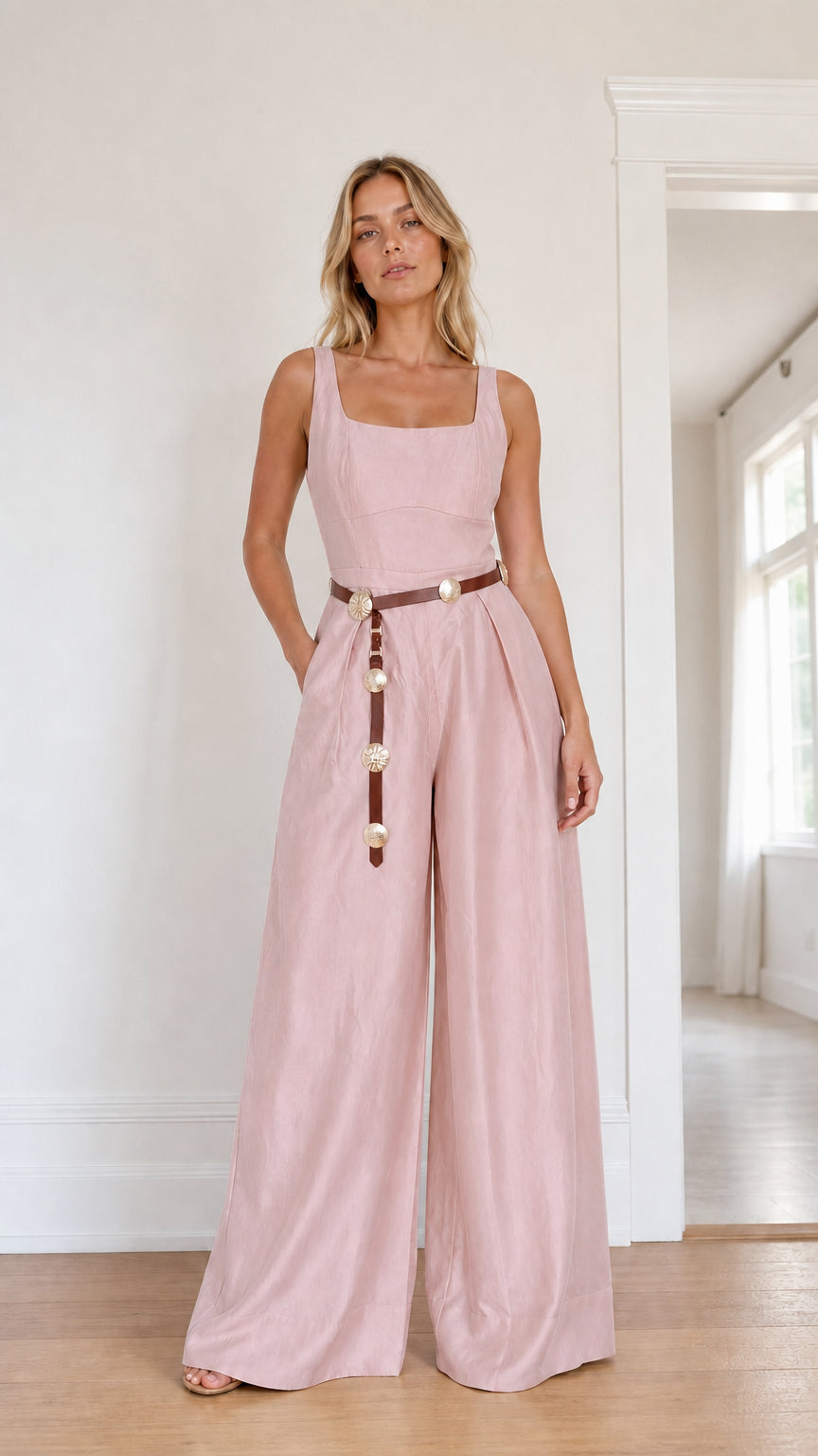 Front view of model wearing pink wide leg jumpsuit