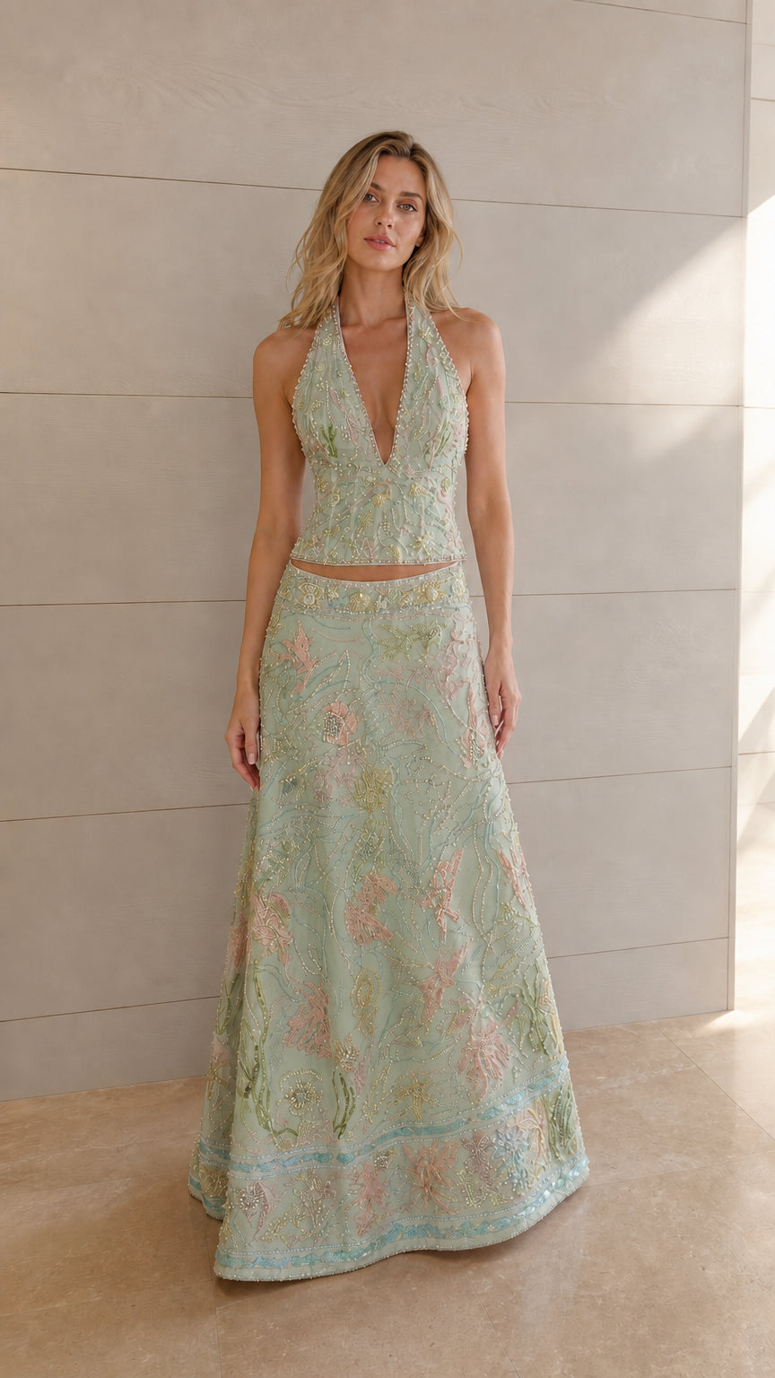 Mint green embellished halter top and maxi skirt outfit