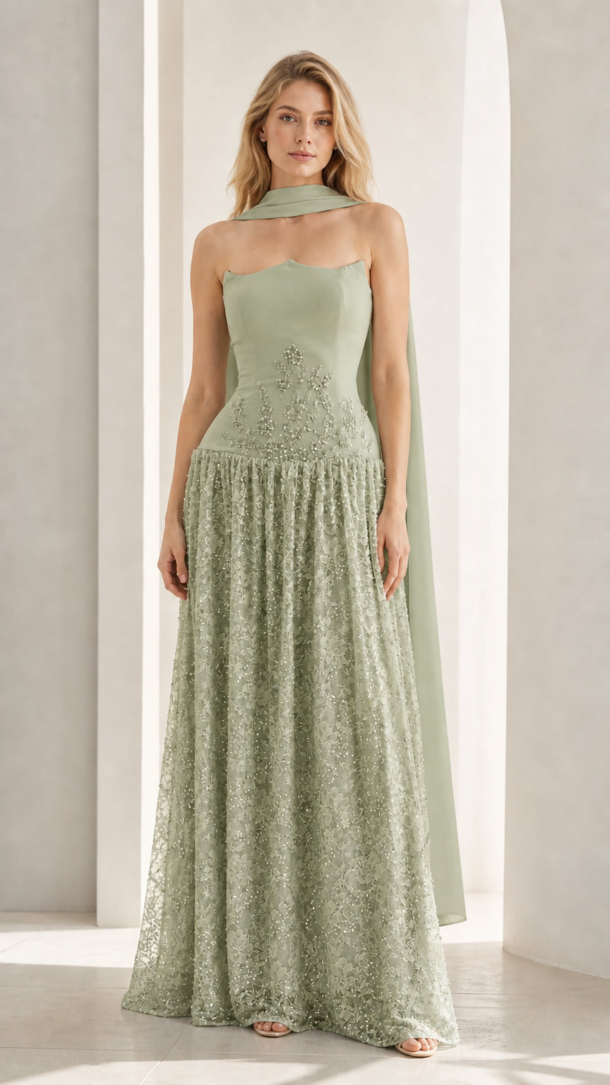 Front view of sage green evening gown variant