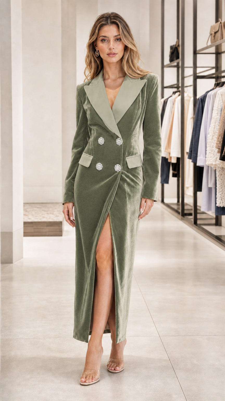 Front full view of sage green velvet blazer dress
