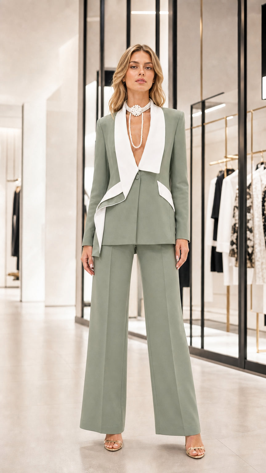 Woman wearing sage green two piece suit with white contrast lapel