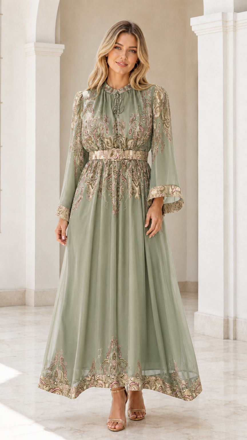 Front view of sage green paisley maxi dress