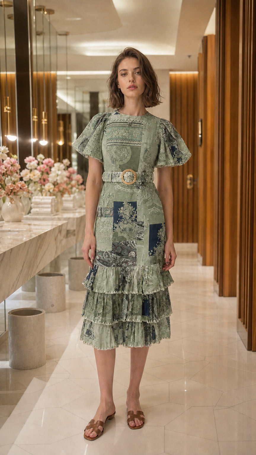 Full view of woman wearing sage green patchwork midi dress
