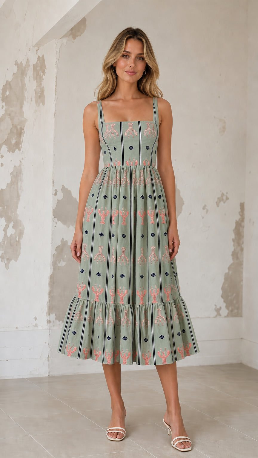 Front view of sage green color variant midi dress