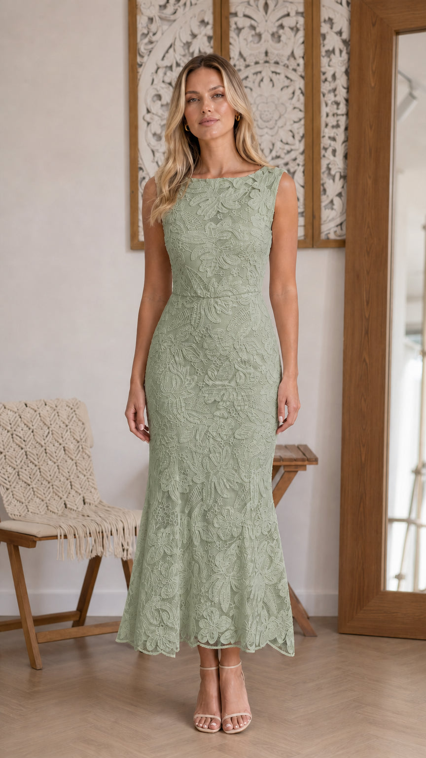 Front view of Sage Green lace midi dress