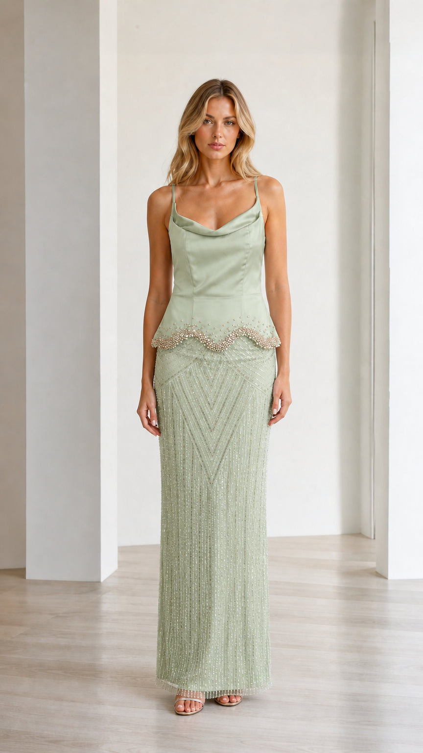 Elegance Beaded Cami Peplum Maxi Dress in Sage front view